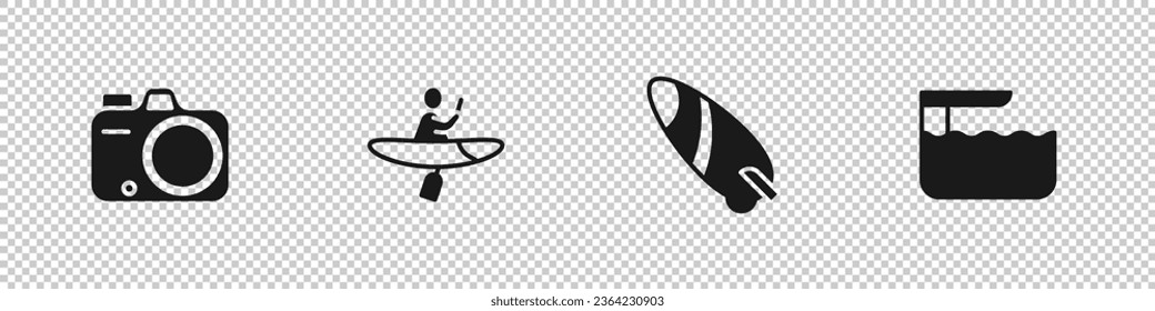 Set Photo camera, Kayak and paddle, Surfboard and Diving or springboard icon. Vector
