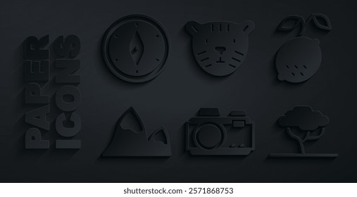 Set Photo camera, Lemon, Mountains, African tree, Tiger head and Compass icon. Vector