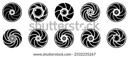 Set of photo camera lens diaphragm. Camera shutter icons set. Black color camera lens.