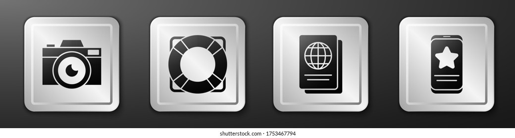 Set Photo camera, Lifebuoy, Passport and Mobile with review rating icon. Silver square button. Vector
