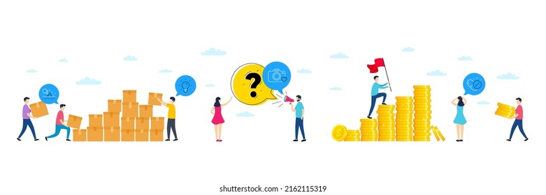 Set von Fotokameras, Glühbirnen und Skin-Feuchte-Linie-Symbolen. Menschen Charaktere mit Lieferpaket, Geldmünzen. Enthält Symbole für medizinische Tabletten. Für Web, Anwendung. Vektorgrafik