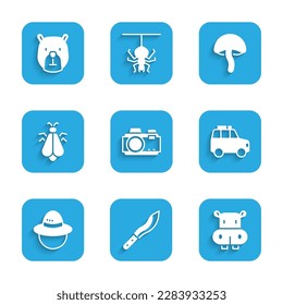 Set Photo camera, Machete, Hippo or Hippopotamus, Car, Camping hat, Mosquito, Mushroom and Bear head icon. Vector
