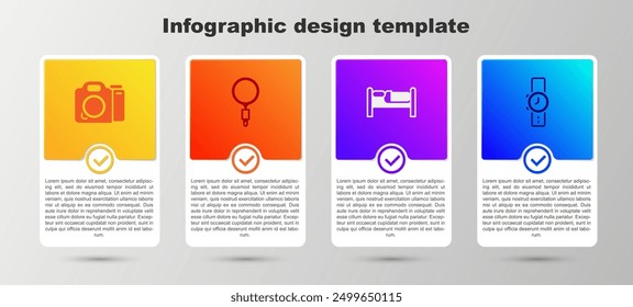 Set Photo camera, Magnifying glass, Bed and Wrist watch. Business infographic template. Vector