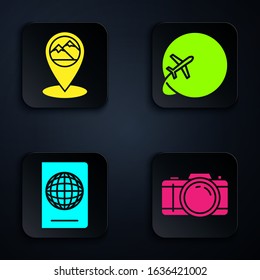 Set Photo camera, Map pointer with mountain, Passport with biometric data and Globe with flying plane. Black square button. Vector