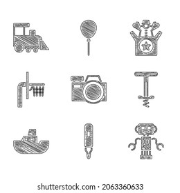 Set Photo camera, Marker pen, Robot toy, Pogo stick jumping, Toy boat, Basketball backboard, Jack the box and train icon. Vector