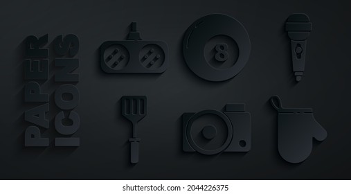 Set Photo camera, Microphone, Spatula, Oven glove, Billiard pool snooker ball and Gamepad icon. Vector