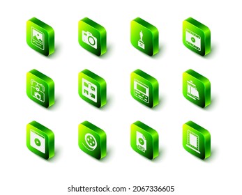 Set Photo camera, Movie trophy, Play Video, Camera roll cartridge, Makeup mirror with lights, recorder on laptop, FLV file document and Film reel icon. Vector