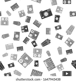 Set Photo camera, Music synthesizer, Popcorn in cardboard box and Portable video game console on seamless pattern. Vector