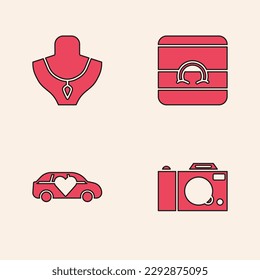 Set Photo camera, Necklace on mannequin, Wedding rings and Limousine car icon. Vector