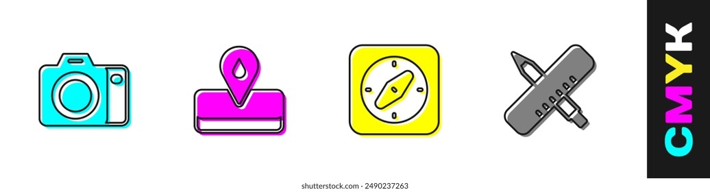 Set Cámara de fotos, campo petrolífero, brújula y Regla cruzada y lápiz icono. Vector