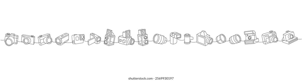 Set of photo camera one line continuous drawing. External flash, vintage camera with bellows, photo lens with shutter, instant and film photo camera.