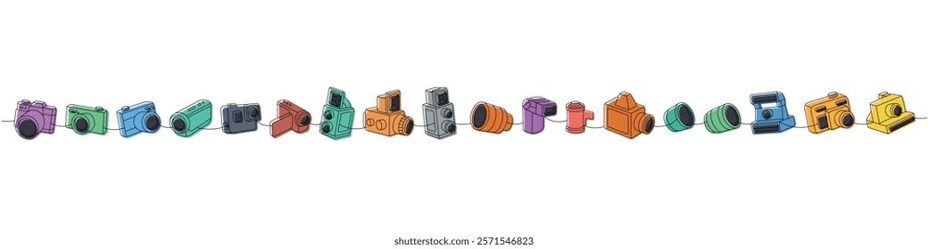 Set of photo camera one line colored continuous drawing. External flash, vintage camera with bellows, photo lens with shutter, film photo camera.