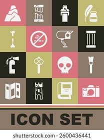 Set Photo camera, Paint brush, Ancient column, Gives lecture, No Smoking, Human broken bone, Rock stones and Security icon. Vector