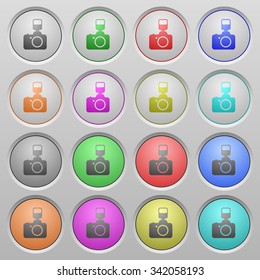 Set of photo camera plastic sunk spherical buttons on light gray background. 16 variations included. Well-organized layer, color swatch and graphic style structure. Easy to recolor.