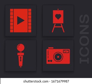 Set Photo camera, Play Video, Wood easel or painting art boards and Joystick for arcade machine icon. Vector