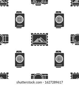 Set Photo camera, Postal stamp and Egypt pyramids and Passport with ticket on seamless pattern. Vector