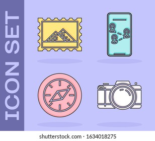 Set Photo camera, Postal stamp and Egypt pyramids, Compass and Infographic of city map navigation icon. Vector