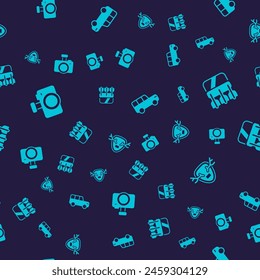 Set Photo camera, Quiver with arrows, Safari car and Deer antlers on shield on seamless pattern. Vector