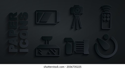 Set Photo camera, Remote control for, Softbox light, Camera timer,  and Battery icon. Vector