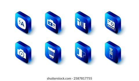 Set Photo camera, Remote control for, Camera roll cartridge, photo lens,  and Auto flash icon. Vector