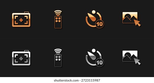 Set Fotokamera, Fernbedienung für, Kamera-Timer und Retuschiersymbol. Vektorgrafik