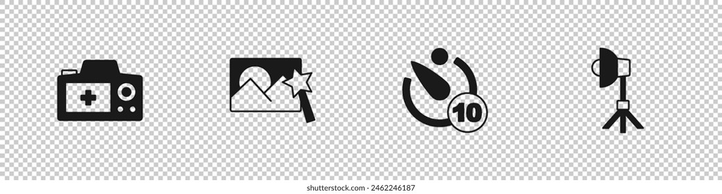 Set Photo camera, retouching, Camera timer and Softbox light icon. Vector