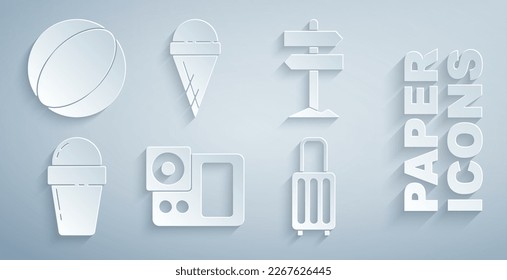 Set Photo camera, Road traffic signpost, Ice cream in waffle cone, Suitcase,  and Beach ball icon. Vector