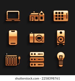 Set Photo camera, Server, Data, Web Hosting, Light bulb, Stereo speaker, Heating radiator, Smartphone, Graphic tablet and Laptop icon. Vector