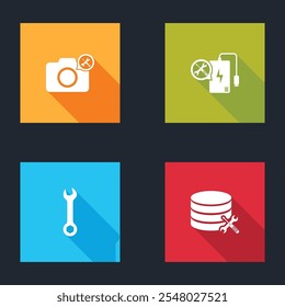 Set Photo camera service, Power bank, Wrench and Database server icon. Vector