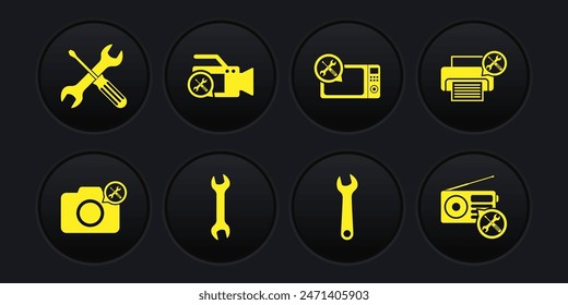 Set Photo camera service, Printer, Wrench, Microwave oven, Video, Radio and Crossed screwdriver and wrench icon. Vector