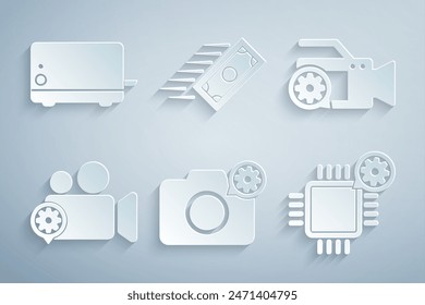 Set Photo camera setting, Video, , Processor, Fast payments and Toaster icon. Vector