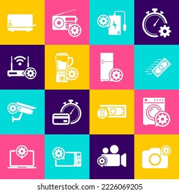Set Photo camera setting, Washer, Fast payments, Power bank, Blender with bowl and Router and wi-fi icon. Vector