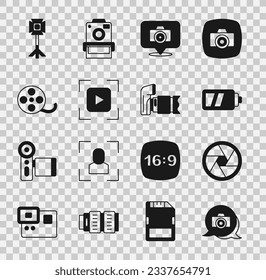 Set Photo camera, Camera shutter, Battery for, focus frame line, Film reel, Studio light bulb softbox and  icon. Vector