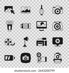Set Photo camera, Camera shutter, Dust blower, photo lens, flash, retouching and  icon. Vector