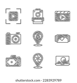 Ajuste cámara fotográfica, obturador de cámara, retoque, marco, cierre de película e icono de línea de enfoque. Vector