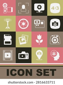 Set Photo camera, Camera shutter, Studio light bulb in softbox, Cinema and Action extreme icon. Vector