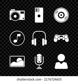Set Photo camera, Smartphone, mobile phone, Vinyl disk, Picture landscape, Microphone, Add friend, Music note, tone and Headphones icon. Vector