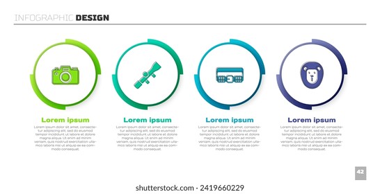 Set Photo camera, Sniper optical sight, Hunting cartridge belt and Wild lion. Business infographic template. Vector