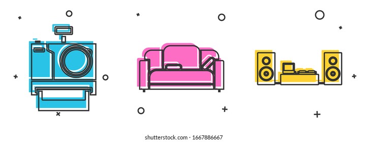 Set Photo camera , Sofa  and Home stereo with two speakers  icon. Vector