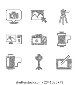 Set Photo camera, Softbox light, Graphic tablet, Camera roll cartridge, retouching, Tripod and  icon. Vector