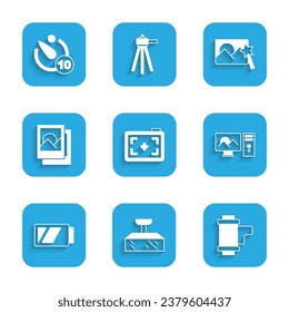 Set Photo camera, Softbox light, Camera roll cartridge, retouching, Battery for, frame,  and timer icon. Vector