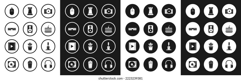 Set Photo camera, Stereo speaker, 3D cinema glasses, Computer mouse, Cake, Chess symbol, Shovel the ground and Play Video icon. Vector