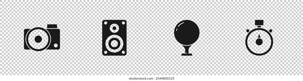 Set Photo camera, Stereo speaker, Golf ball on tee and Stopwatch icon. Vector