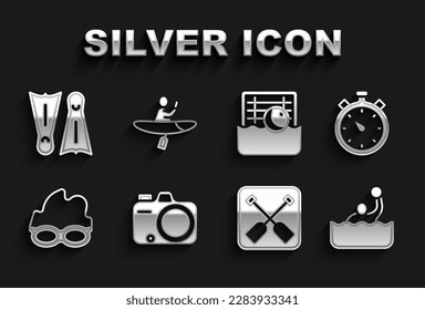 Set Photo camera, Stopwatch, Water polo, Paddle, Glasses for swimming, Flippers and Kayak and paddle icon. Vector