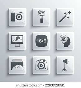 Set Photo camera, Studio light bulb in softbox, frame 16, retouching,  and  icon. Vector - Powered by Shutterstock - Get 15% off with code: PIKWIZARD15