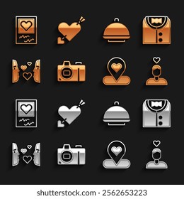 Set Photo camera, Suit, Couple in love, Location with heart, Love first sight, Covered tray, frames and hearts and Amour arrow icon. Vector