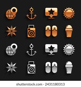 Set Photo camera, Sun, Ice cream in waffle cone, Flip flops, Wind rose, Map pointer with star, Location the globe and Anchor icon. Vector