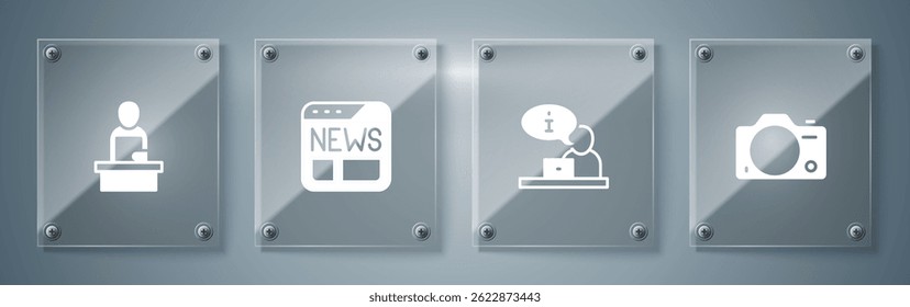 Set Photo camera, Television report, News and Breaking news. Square glass panels. Vector