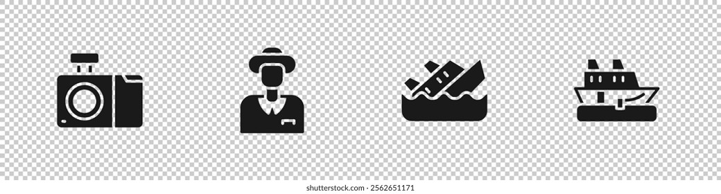 Set Photo camera, Tourist, Sinking cruise ship and Cruise icon. Vector