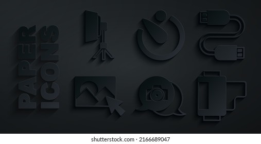 Set Photo camera, USB cable cord, retouching, Camera roll cartridge, timer and Softbox light icon. Vector
